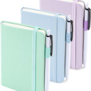 3 Pack Pocket Small Notebook Journals, Mini Cute Hardcover College Ruled Notepad Women Office Supplies, with 3 Black Pens, 3.5”x 5.5”, A6, Pastel Colors, Light Blue, Light Purple, Light Green
