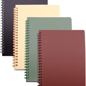 Spiral Notebook, 4 Pcs 8.3 Inch x 5.9 Inch A5 Thick Plastic Hardcover 8mm Ruled 4 Color 80 Sheets -160 Pages Journals for Study and Notes (style 10-Wine Red,Brown,Green,ivory, A5)