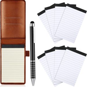 10 Pcs Mini Pocket Notepad Holder Set Included Small Leather Pocket Notebook Holder with 50 Lined Sheets, Metal Pen, 8 Pcs 3 x 5 Inch Memo Book Refills, 30 Lined Paper Per Note Pad (Brown)