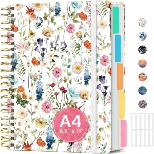 Large Spiral Lined Notebooks for Work with Removable Dividers & Tabs, 8.5"x11" Pretty Hardcover 5 Subject Notebook Journal for Women, College Ruled, Perfect for Study & Office Organization, 280 Pages,Wildflowers